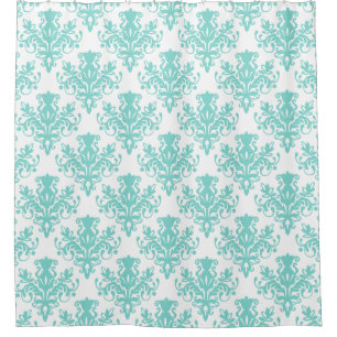 Damask 02 Pattern - Aqua Blue on White Shower Curtain