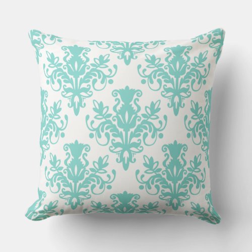 Damask 02 Pattern _ Aqua Blue on White Throw Pillow