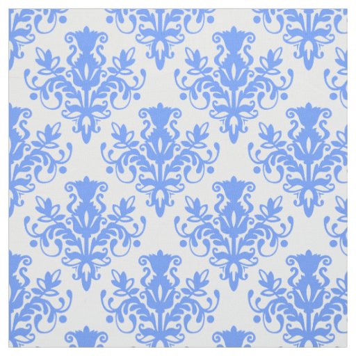 Damask 02 Pattern - Baby Blue on White Fabric
