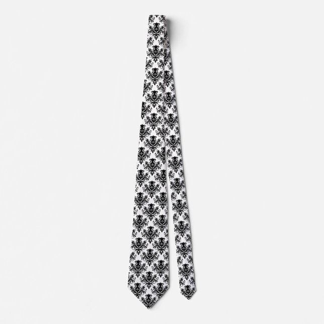 Damask 02 Pattern - Black on White Neck Tie (Front)
