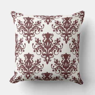Damask 02 Pattern - Dark Brown on White Throw Pillow