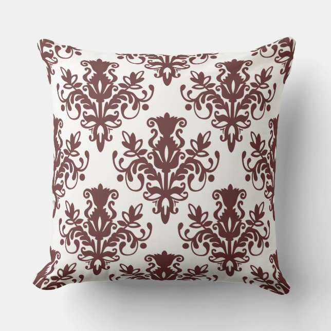 Damask 02 Pattern - Dark Brown on White Throw Pillow (Front)