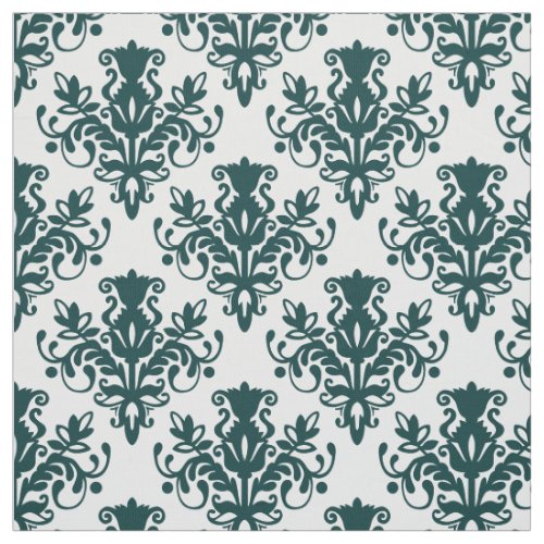 Damask 02 Pattern _ Dark Moss Green on White Fabric