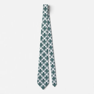 Damask 02 Pattern - Dark Moss Green on White Neck Tie