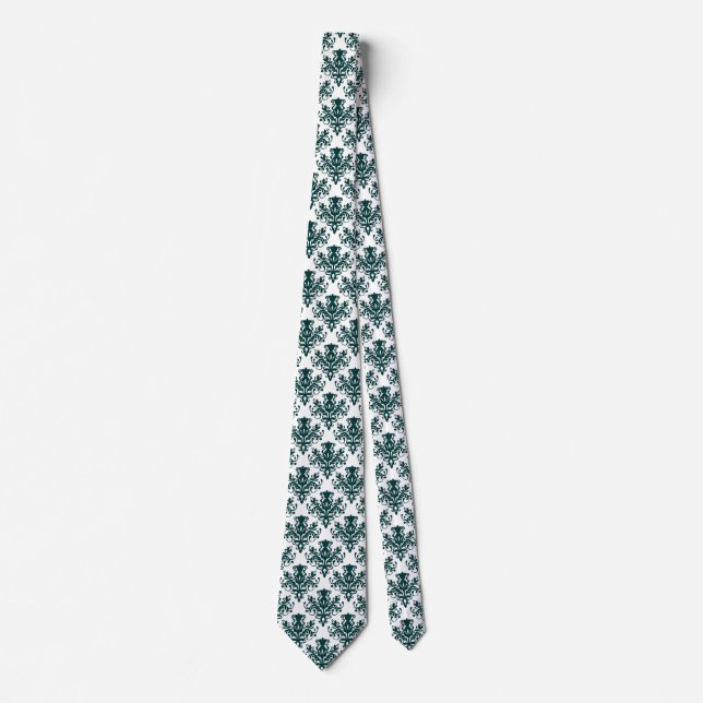 Damask 02 Pattern - Dark Moss Green on White Neck Tie (Front)