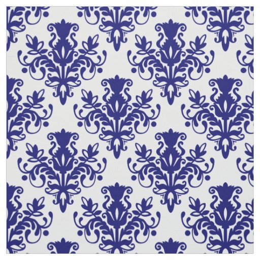 Damask 02 Pattern - Deep Navy Blue on White Fabric