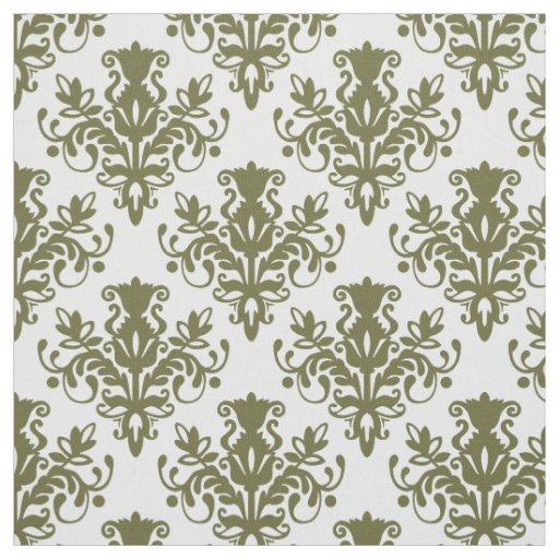 Damask 02 Pattern - Deep Olive on White Fabric