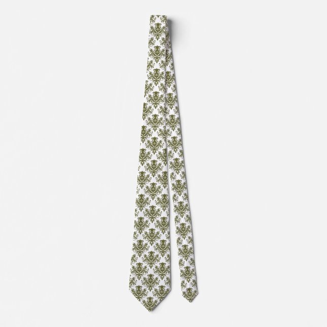 Damask 02 Pattern - Deep Olive on White Neck Tie (Front)
