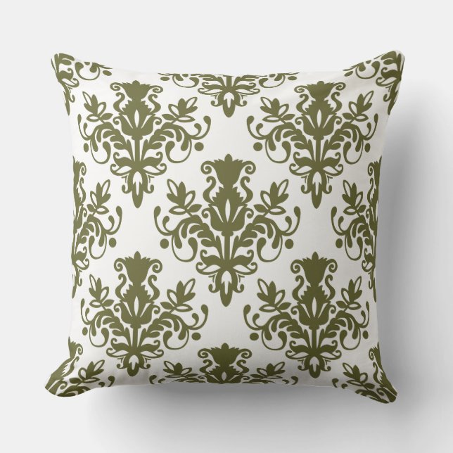 Damask 02 Pattern - Deep Olive on White Throw Pillow (Front)