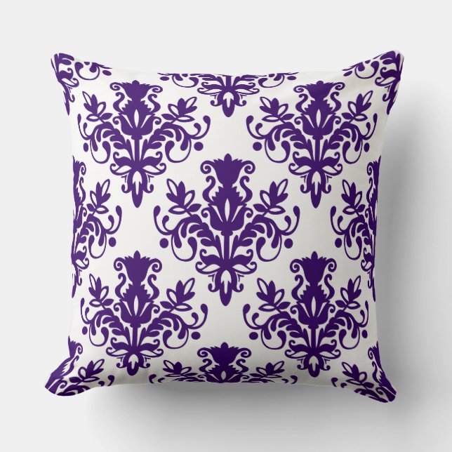 Damask 02 Pattern - Deep Purple on White Throw Pillow (Front)