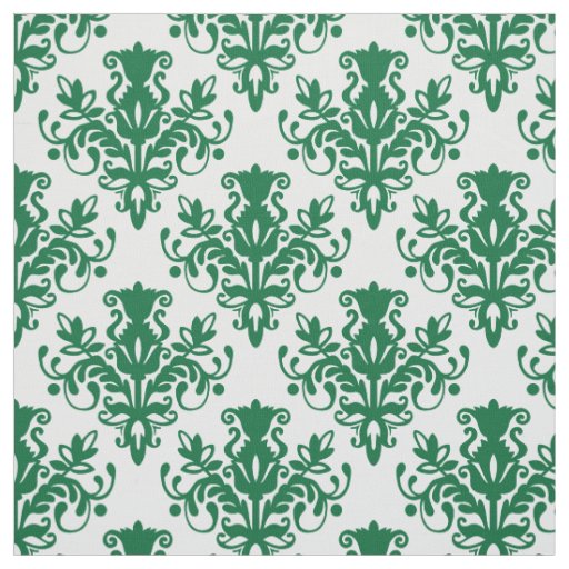 Damask 02 Pattern - Forest Green on White Fabric
