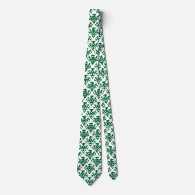 Damask 02 Pattern - Forest Green on White Neck Tie (Front)