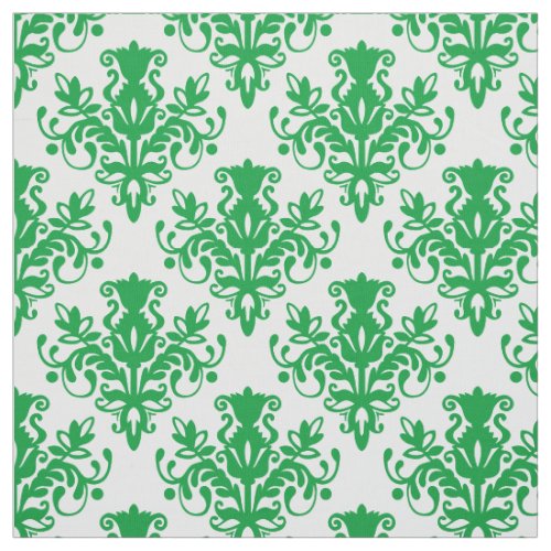 Damask 02 Pattern _ Grass Green on White Fabric