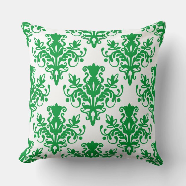 Damask 02 Pattern - Grass Green on White Throw Pillow (Front)