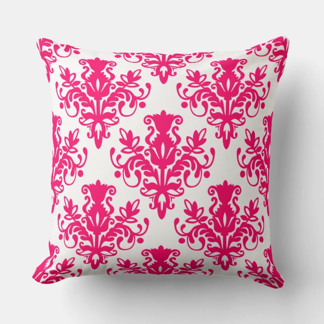 Damask 02 Pattern - Neon Red on White Throw Pillow (Front)