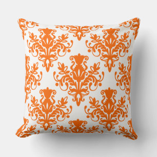 Damask 02 Pattern - Orange on White Throw Pillow
