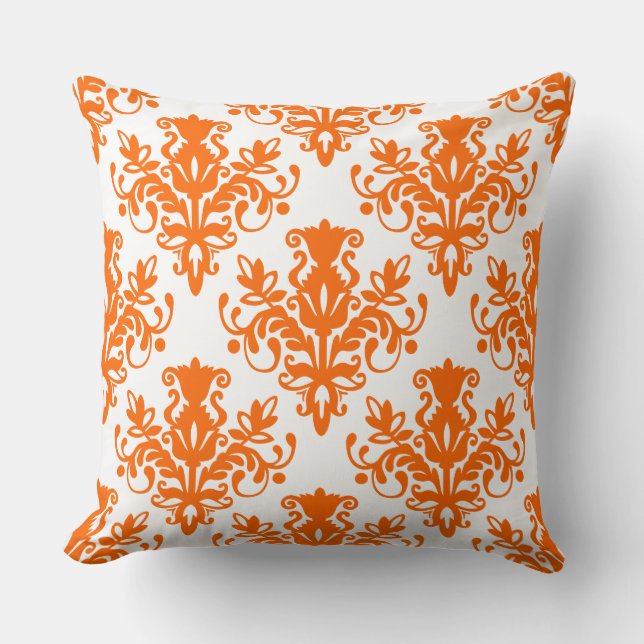 Damask 02 Pattern - Orange on White Throw Pillow (Front)