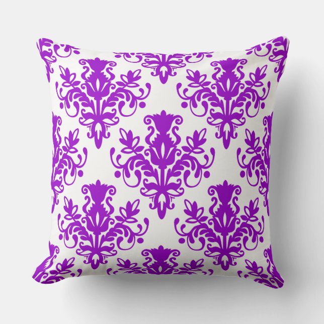 Damask 02 Pattern - Purple on White Throw Pillow (Front)