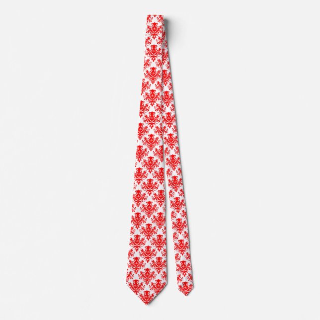 Damask 02 Pattern - Red on White Neck Tie (Front)
