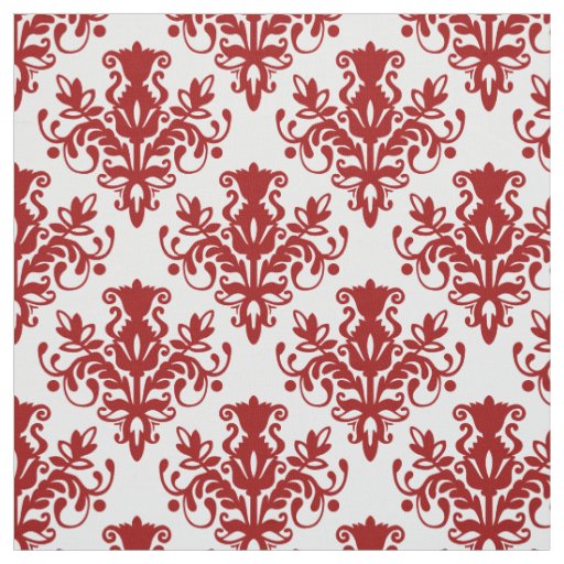 Damask 02 Pattern - Ruby Red on White Fabric