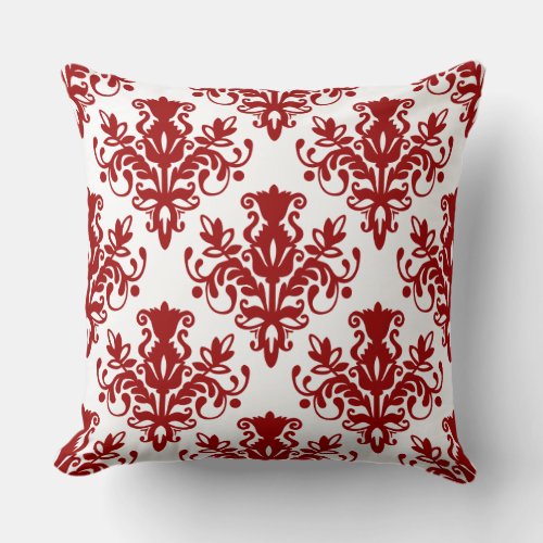 Damask 02 Pattern _ Ruby Red on White Throw Pillow