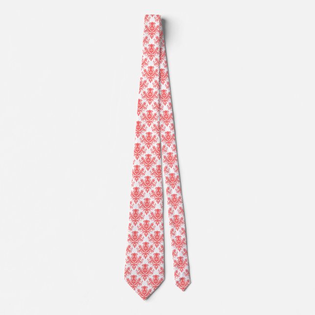 Damask 02 Pattern - Tropical Pink on White Neck Tie (Front)