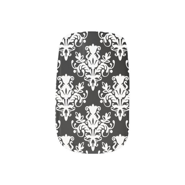 Damask 02 Pattern - White on Black Minx Nail Wraps (Left Thumb)