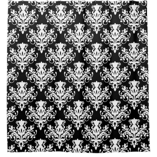 Damask 02 Pattern - White on Black Shower Curtain (Front)