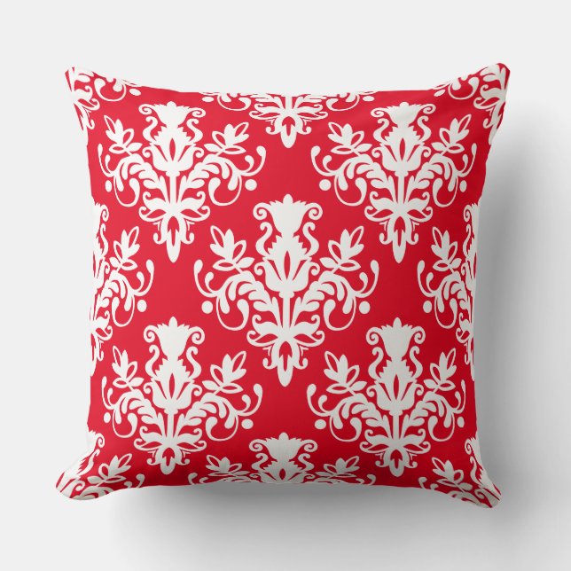 Damask 02 Pattern - White on Red Throw Pillow (Front)