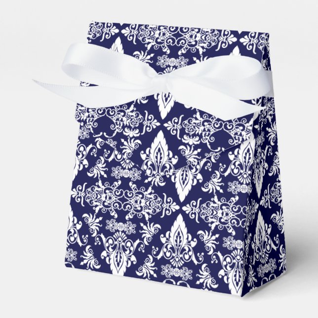 Damask 05 Navy-White-Tent Style Favor boxes (Front Side)