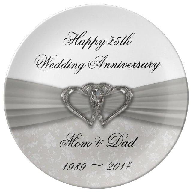 Damask 25th Wedding Anniversary Porcelain Plate (Front)