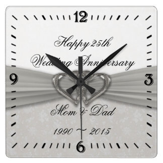 Damask 25th Wedding Anniversary Square Wall Clock