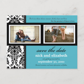Damask 2-Photo Aqua-Black-White Save the Date Announcement Postcard