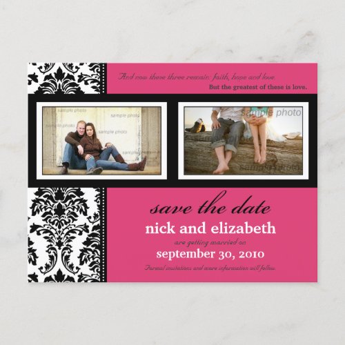 Damask 2_Photo Fuschia_Black_White Save the Date Announcement Postcard