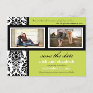 Damask 2-Photo Lime-Black-White Save the Date Announcement Postcard