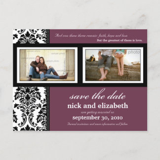Damask 2-Photo Plum-Black-White Save the Date Announcement Postcard