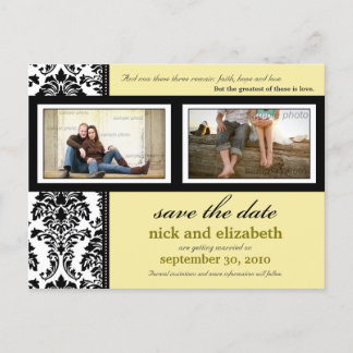 Damask 2-Photo Yellow-Black-White Save the Date Announcement Postcard