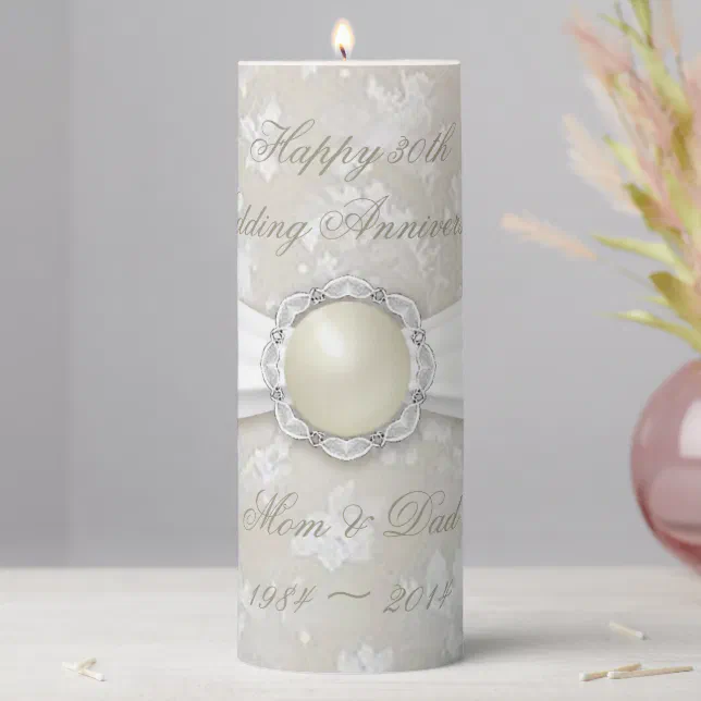 Damask 30th Wedding Anniversary 3x8 Pillar Candle | Zazzle