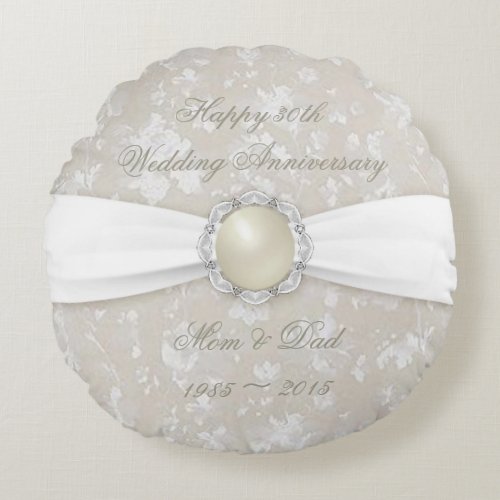 Damask 30th Wedding Anniversary Round Throw Pillow