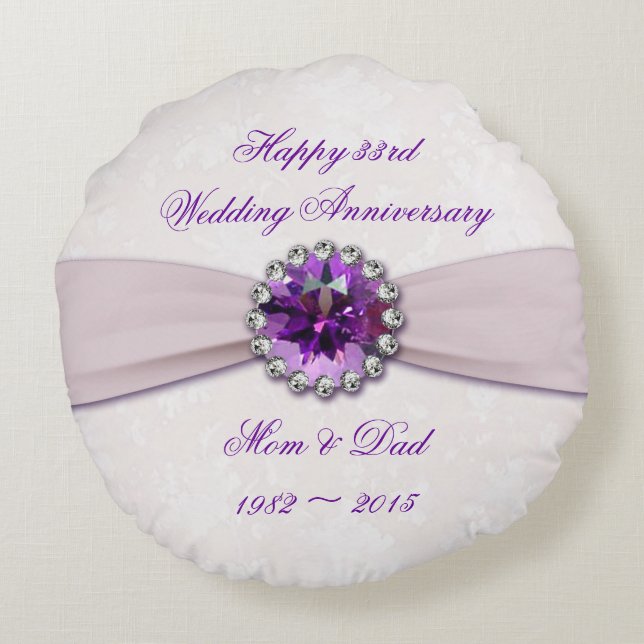 Damask 33rd Wedding Anniversary Round Throw Pillow (Back)