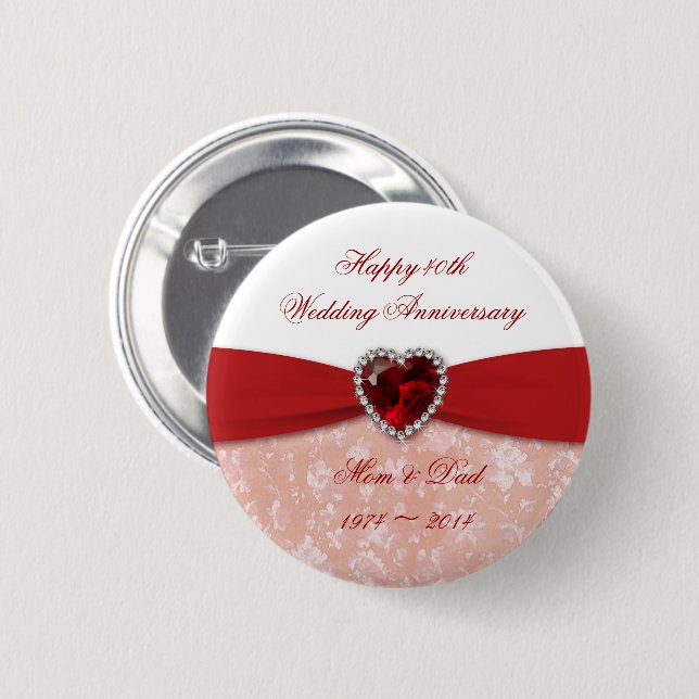 Damask 40th Wedding Anniversary Design Button (Front & Back)