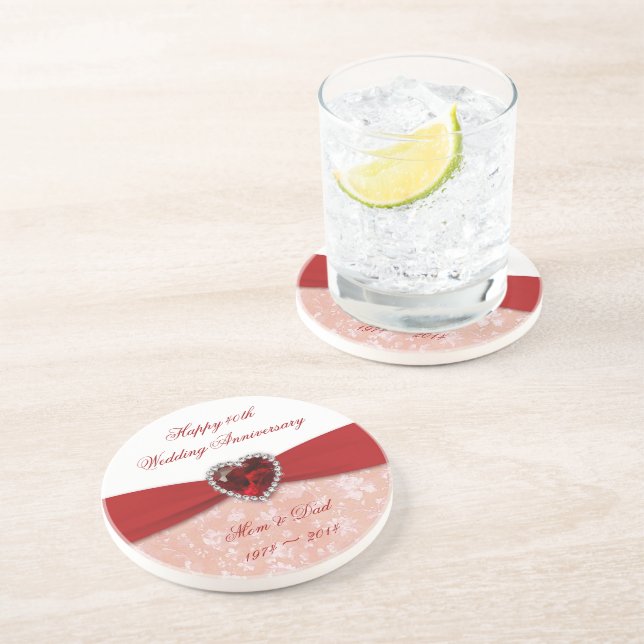 Damask 40th Wedding Anniversary Design Sandstone Coaster (Side)