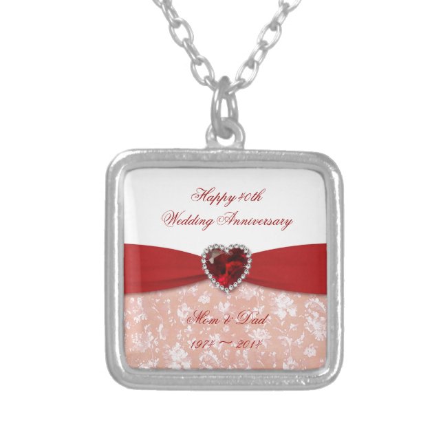 Damask 40th Wedding Anniversary Design Silver Plated Necklace (Front)