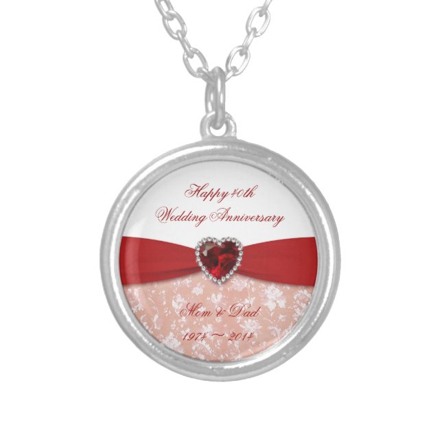 Damask 40th Wedding Anniversary Design Silver Plated Necklace (Front)
