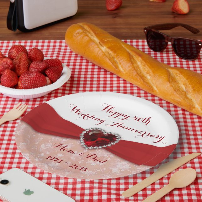 Damask 40th Wedding Anniversary Paper Plate (Picnic)
