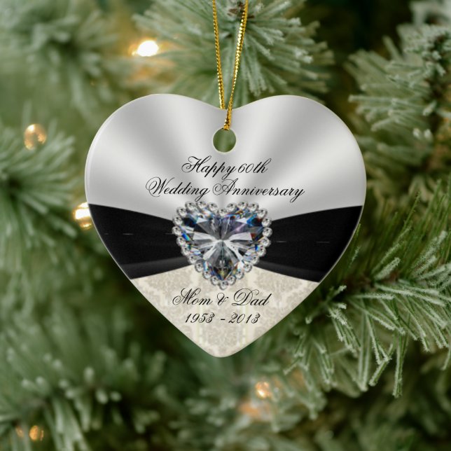Damask 60th Wedding Anniversary Heart Ornament (Tree)