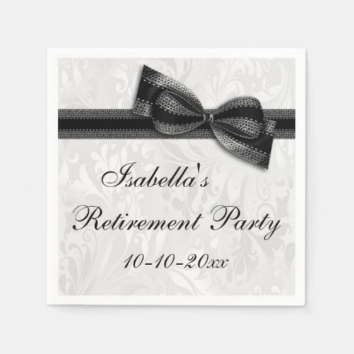 Damask and Black Faux Bow Retirement Paper Napkins