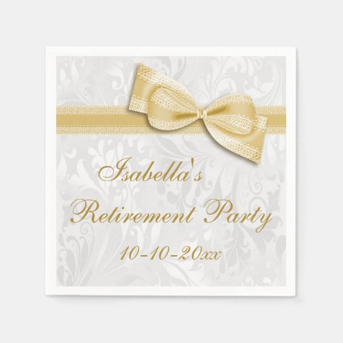 Damask and Gold Faux Bow Retirement Napkins