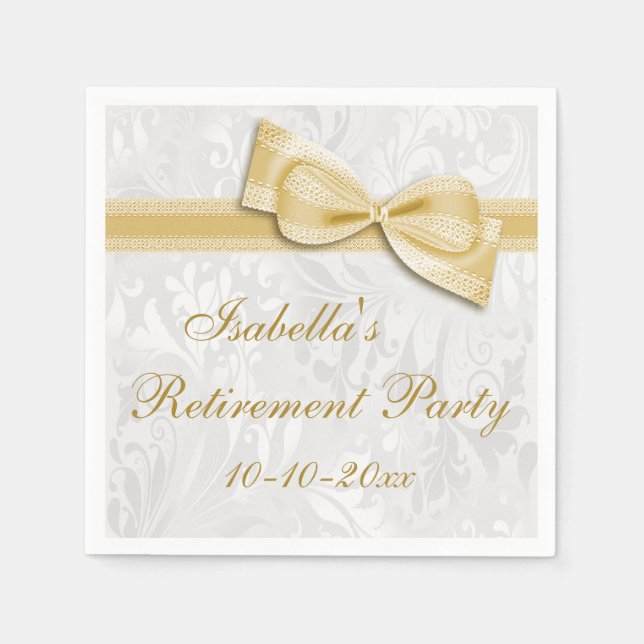 Damask and Gold Faux Bow Retirement Napkins (Front)