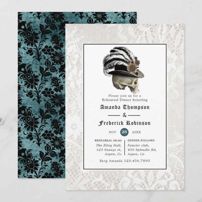Damask and Lace Gothic Wedding Rehearsal Dinner Invitation (Front/Back)